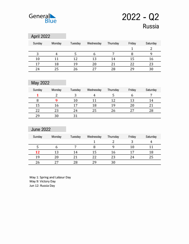 Russia Quarter 2 2022 Calendar with Holidays