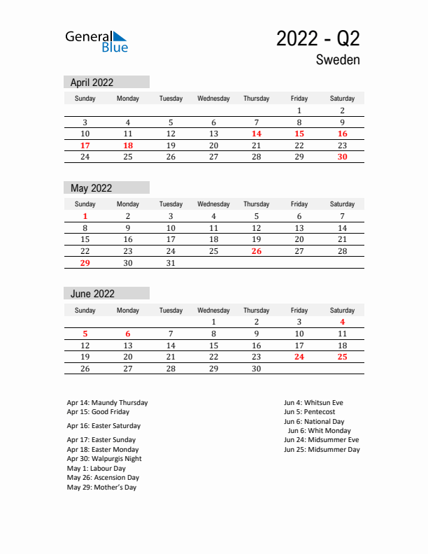 Sweden Quarter 2 2022 Calendar with Holidays