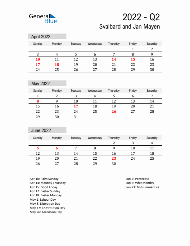 Svalbard and Jan Mayen Quarter 2 2022 Calendar with Holidays