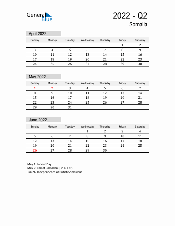 Somalia Quarter 2 2022 Calendar with Holidays