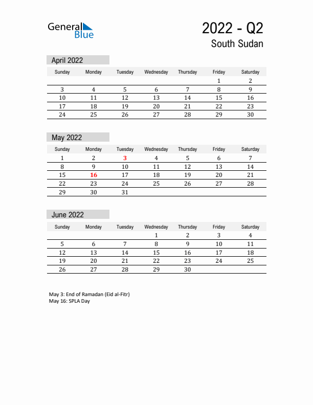 South Sudan Quarter 2 2022 Calendar with Holidays