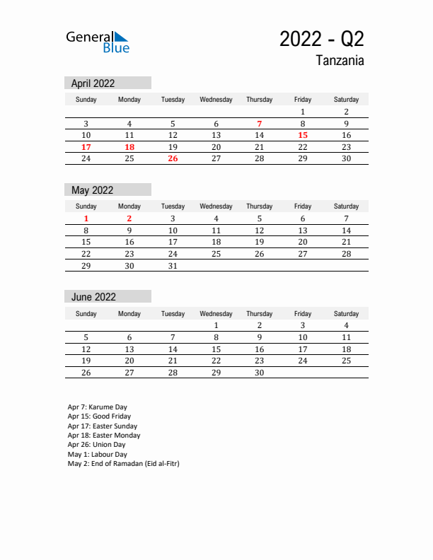 Tanzania Quarter 2 2022 Calendar with Holidays