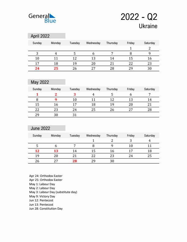 Ukraine Quarter 2 2022 Calendar with Holidays