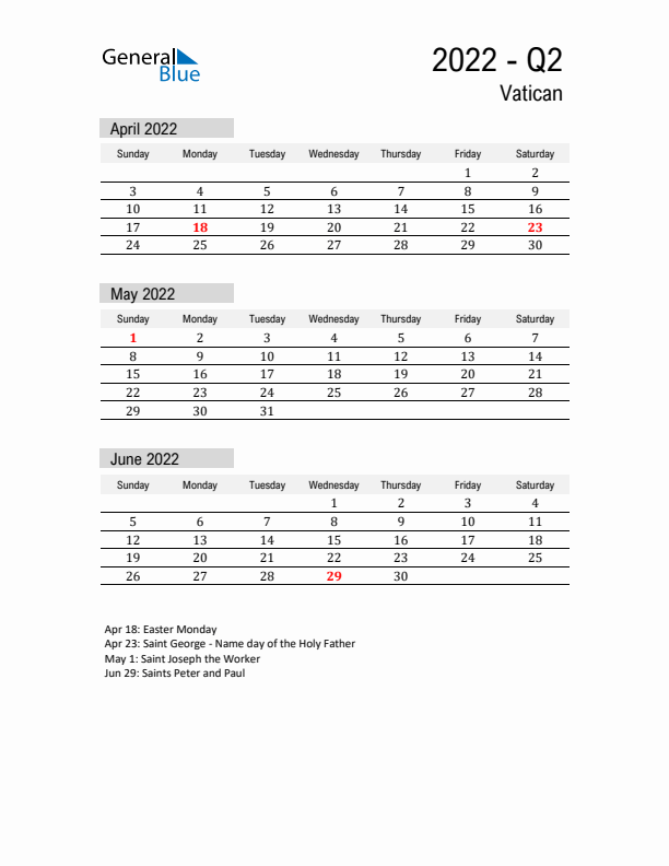 Vatican Quarter 2 2022 Calendar with Holidays