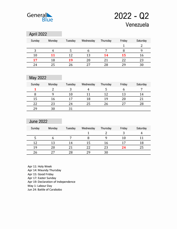 Venezuela Quarter 2 2022 Calendar with Holidays