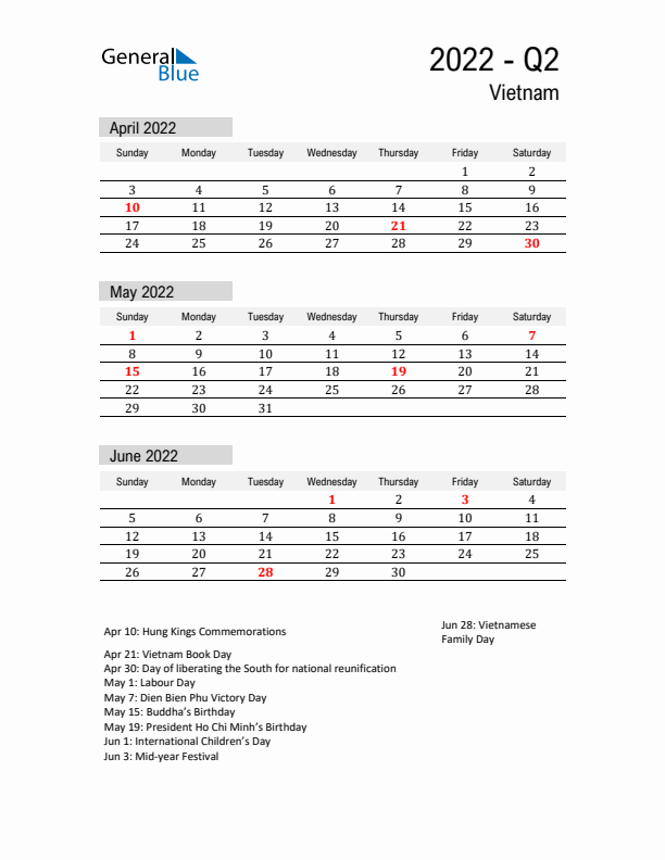 Vietnam Quarter 2 2022 Calendar with Holidays