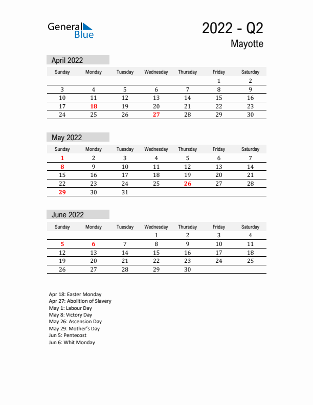 Mayotte Quarter 2 2022 Calendar with Holidays