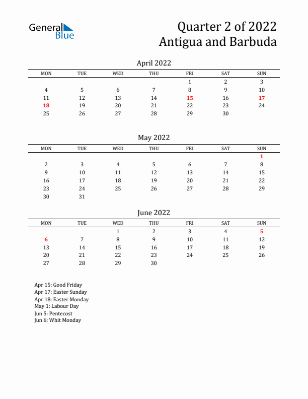 Quarter 2 2022 Antigua and Barbuda Quarterly Calendar