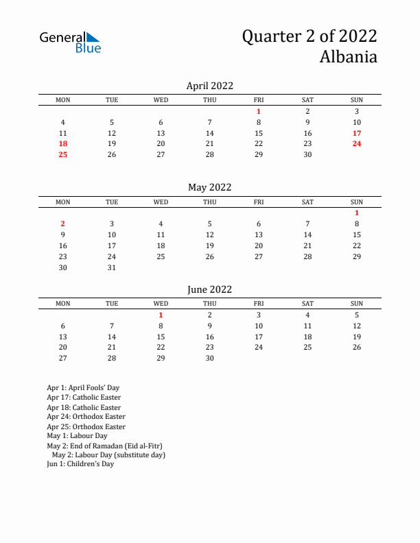 Quarter 2 2022 Albania Quarterly Calendar