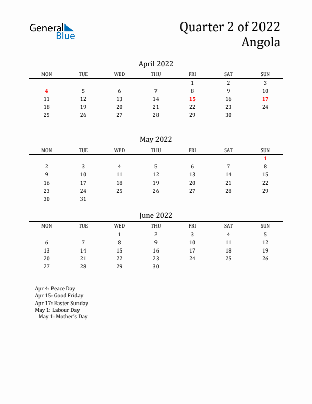 Quarter 2 2022 Angola Quarterly Calendar