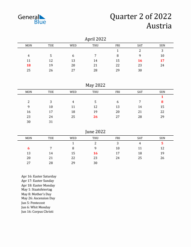 Quarter 2 2022 Austria Quarterly Calendar