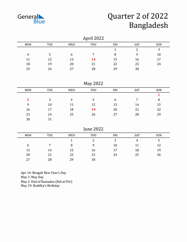 Quarter 2 2022 Bangladesh Quarterly Calendar