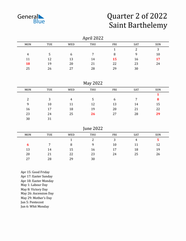 Quarter 2 2022 Saint Barthelemy Quarterly Calendar