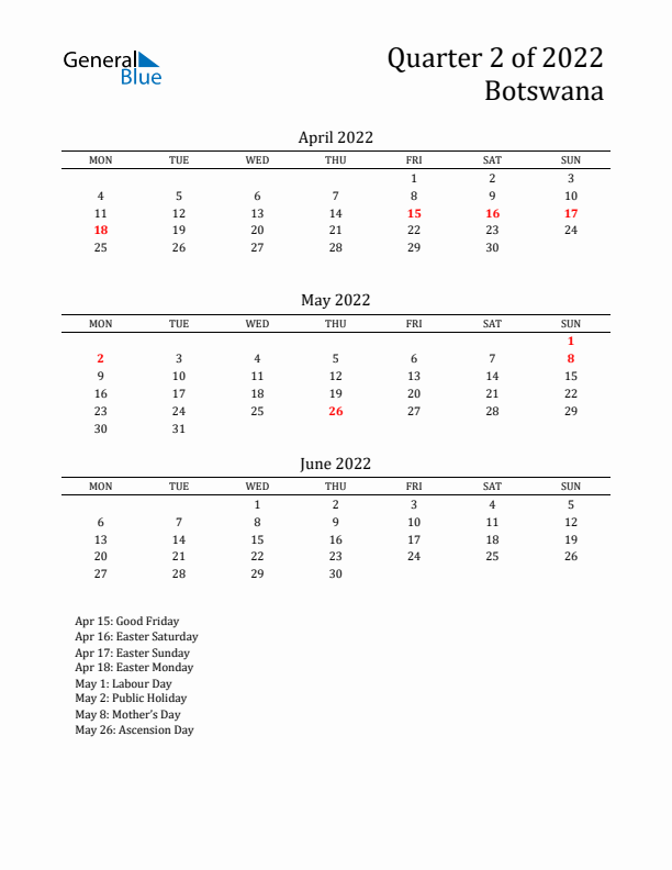 Quarter 2 2022 Botswana Quarterly Calendar