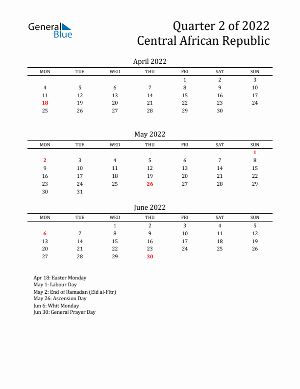 Quarter 2 2022 Central African Republic Quarterly Calendar