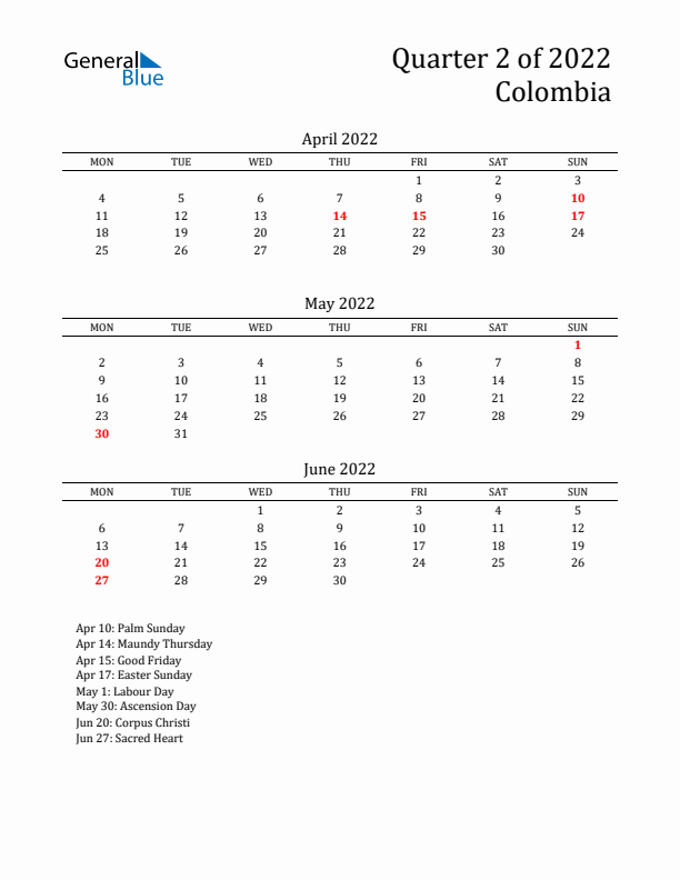 Quarter 2 2022 Colombia Quarterly Calendar