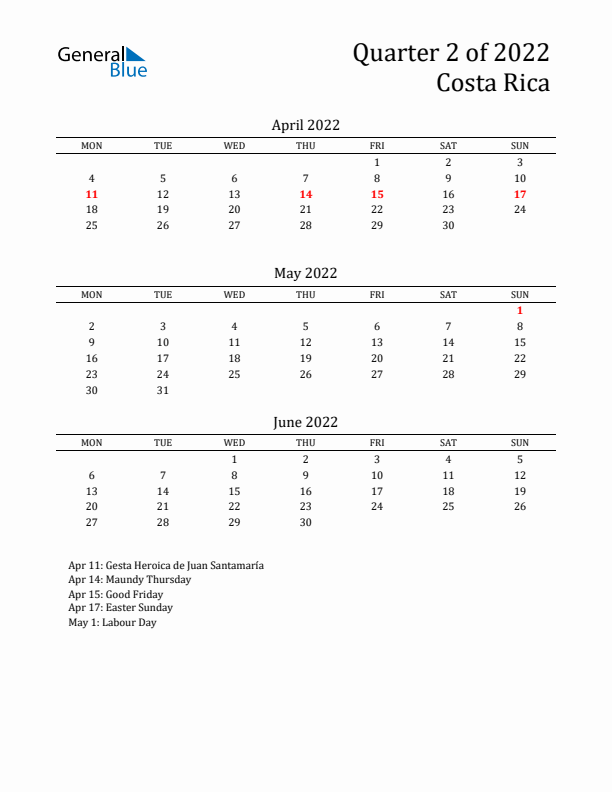 Quarter 2 2022 Costa Rica Quarterly Calendar