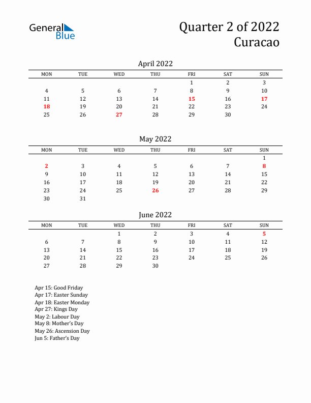 Quarter 2 2022 Curacao Quarterly Calendar