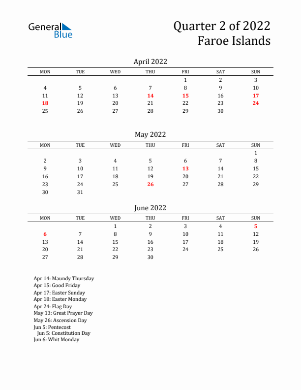 Quarter 2 2022 Faroe Islands Quarterly Calendar