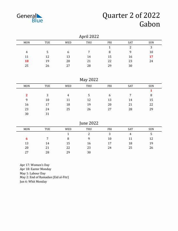 Quarter 2 2022 Gabon Quarterly Calendar