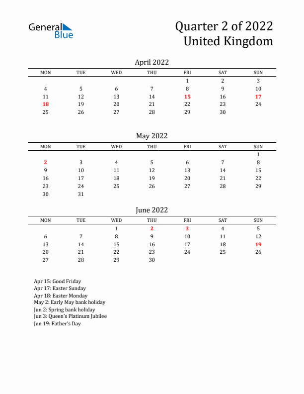 Quarter 2 2022 United Kingdom Quarterly Calendar