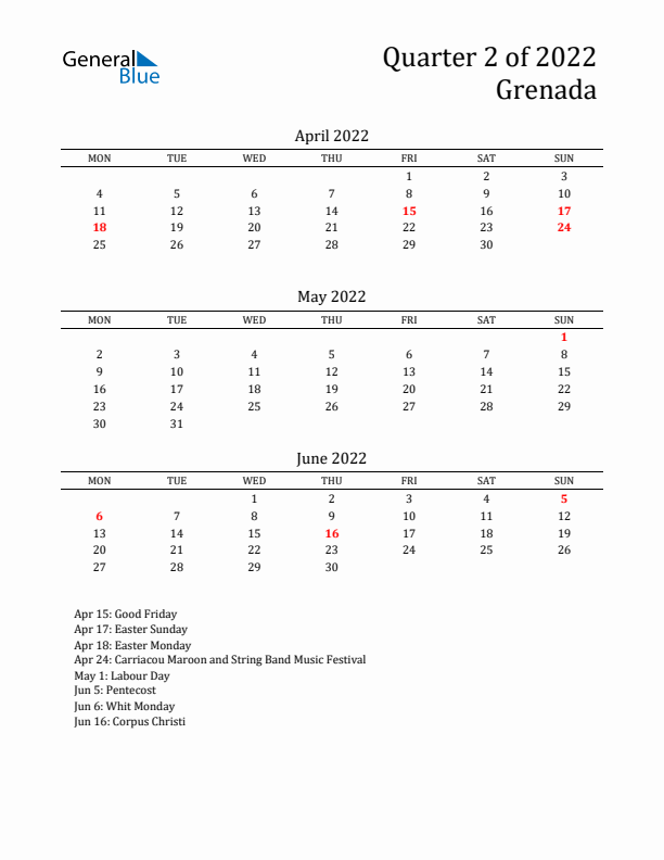 Quarter 2 2022 Grenada Quarterly Calendar