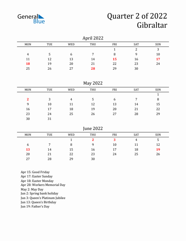 Quarter 2 2022 Gibraltar Quarterly Calendar