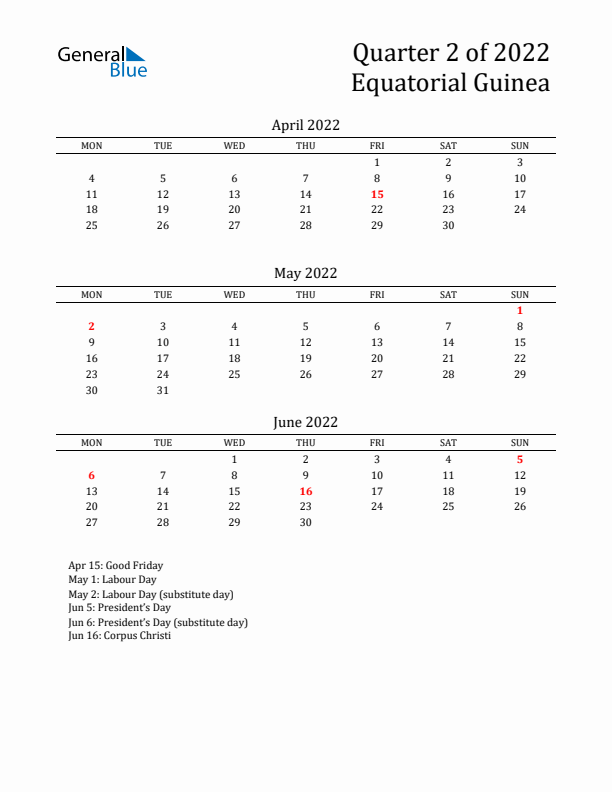 Quarter 2 2022 Equatorial Guinea Quarterly Calendar