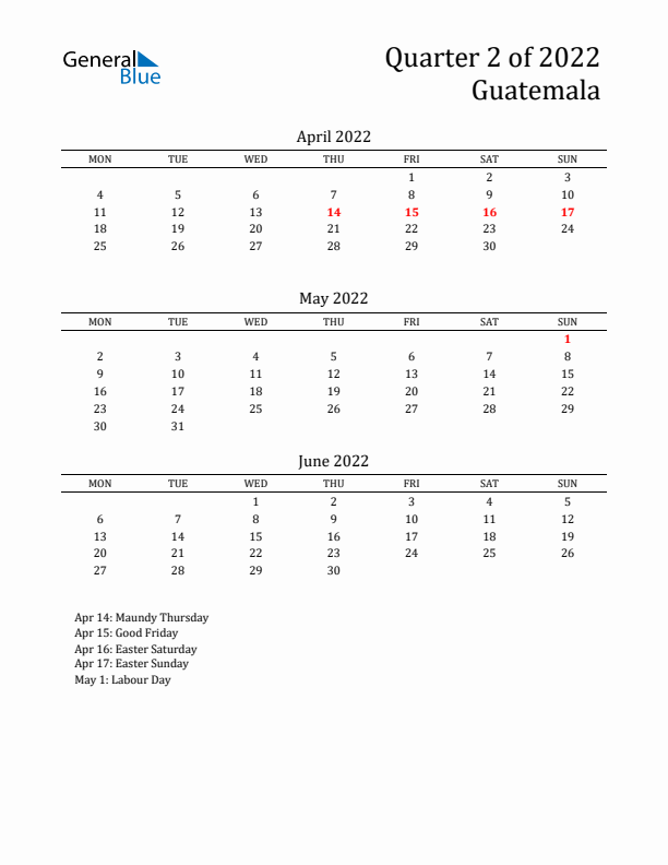 Quarter 2 2022 Guatemala Quarterly Calendar