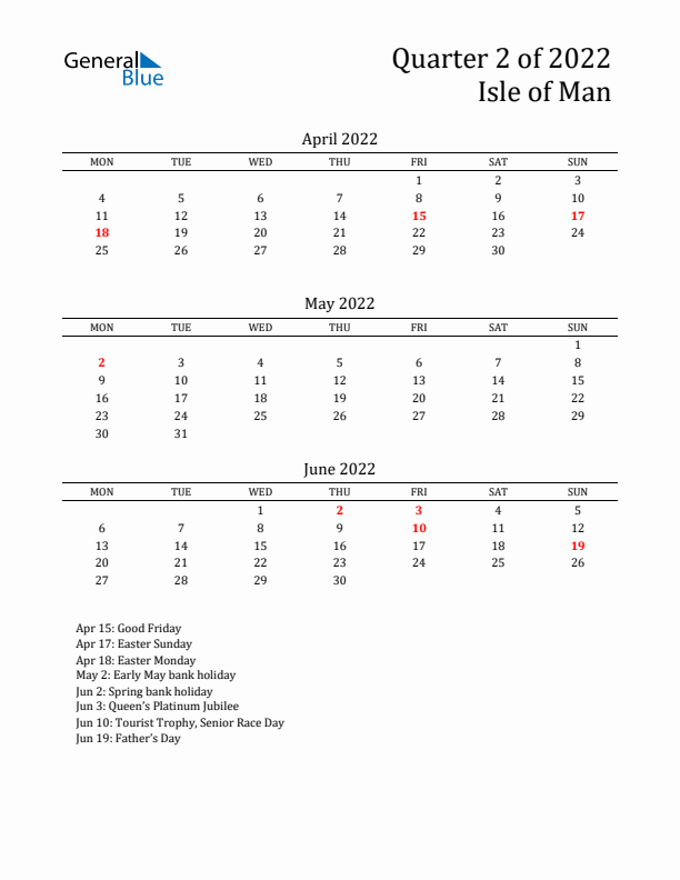 Quarter 2 2022 Isle of Man Quarterly Calendar