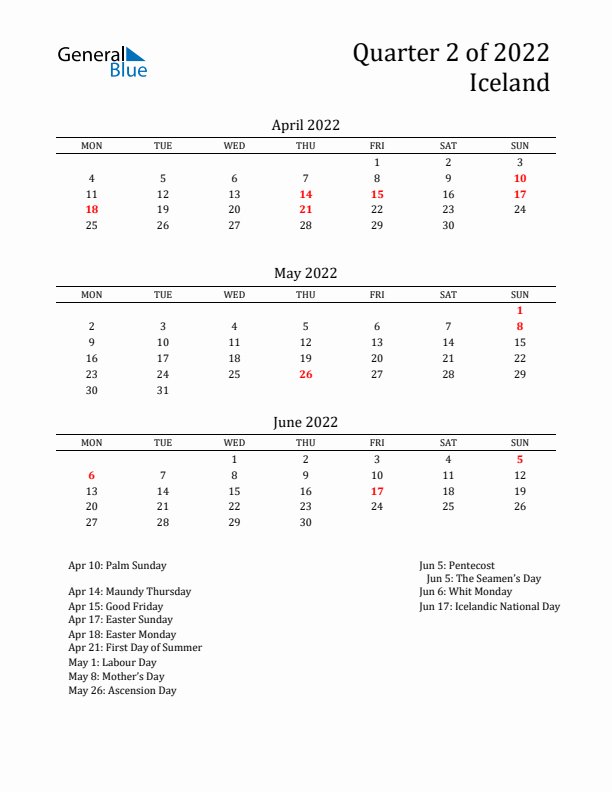 Quarter 2 2022 Iceland Quarterly Calendar