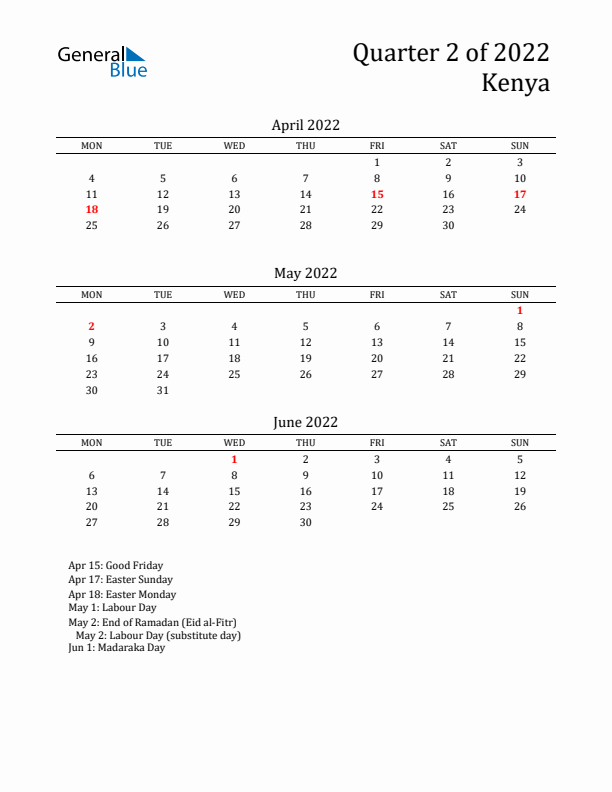 Quarter 2 2022 Kenya Quarterly Calendar