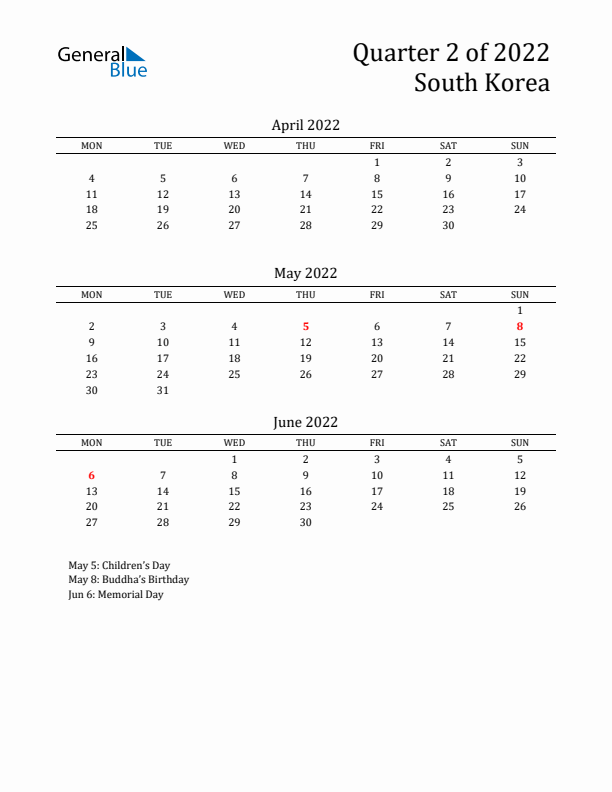 Quarter 2 2022 South Korea Quarterly Calendar