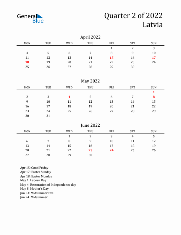 Quarter 2 2022 Latvia Quarterly Calendar