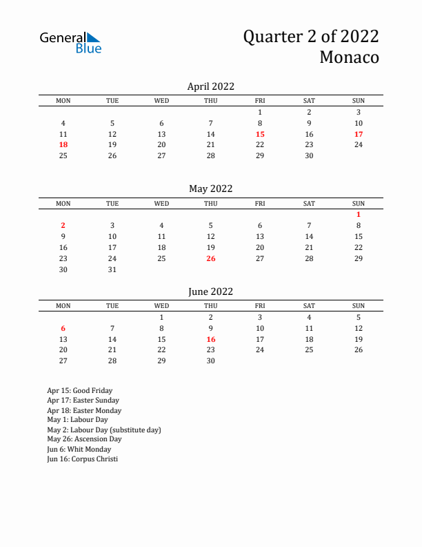 Quarter 2 2022 Monaco Quarterly Calendar