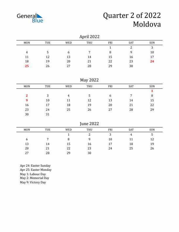 Quarter 2 2022 Moldova Quarterly Calendar