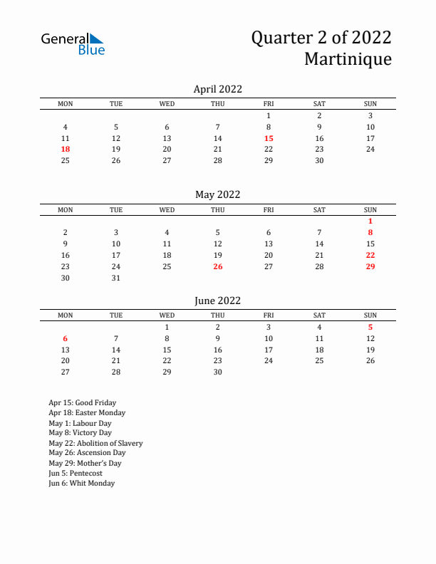 Quarter 2 2022 Martinique Quarterly Calendar