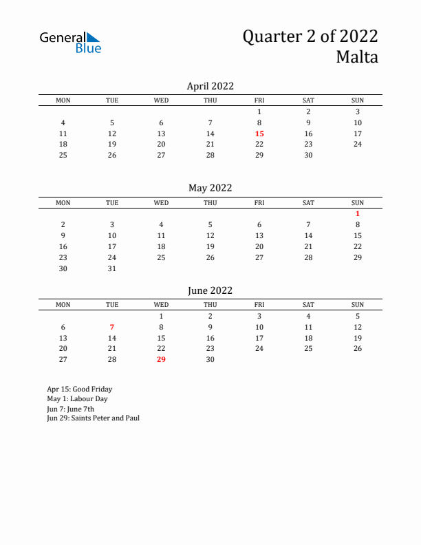 Quarter 2 2022 Malta Quarterly Calendar