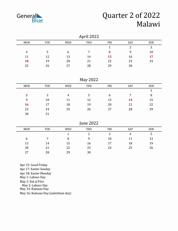 Quarter 2 2022 Malawi Quarterly Calendar