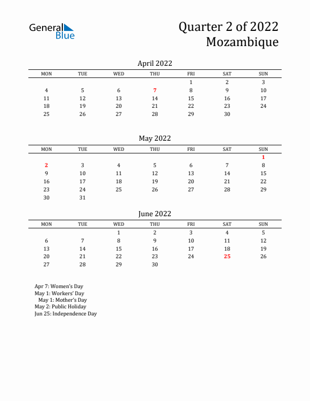 Quarter 2 2022 Mozambique Quarterly Calendar