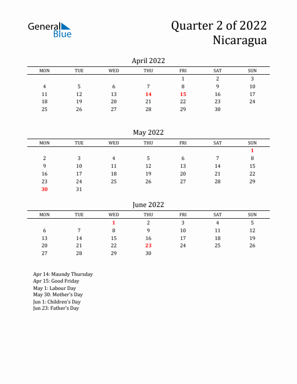 Quarter 2 2022 Nicaragua Quarterly Calendar