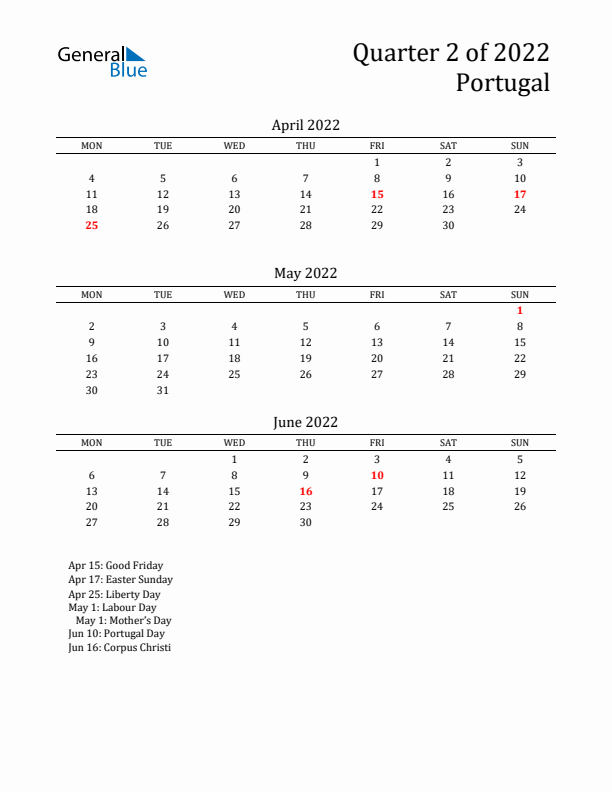 Quarter 2 2022 Portugal Quarterly Calendar