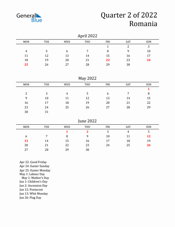 Quarter 2 2022 Romania Quarterly Calendar