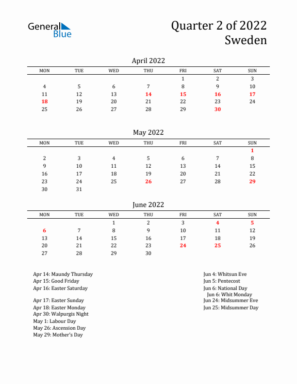 Quarter 2 2022 Sweden Quarterly Calendar