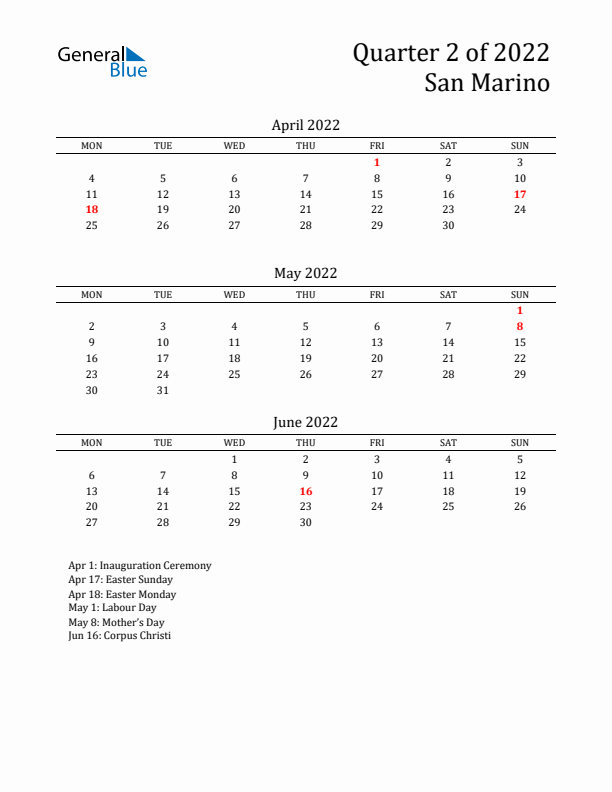 Quarter 2 2022 San Marino Quarterly Calendar