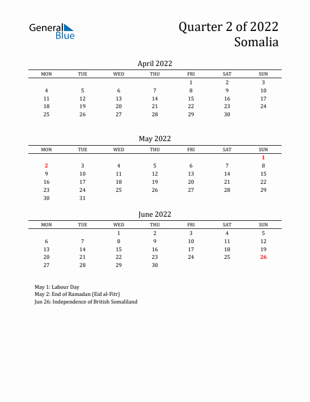 Quarter 2 2022 Somalia Quarterly Calendar