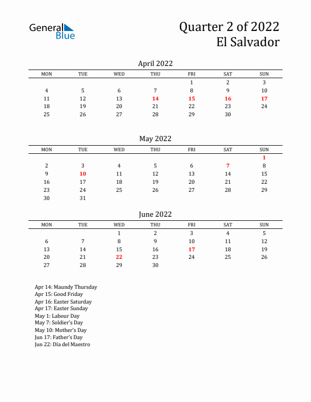 Quarter 2 2022 El Salvador Quarterly Calendar