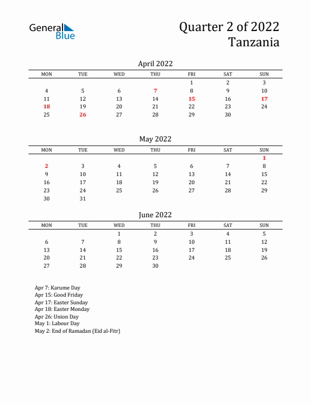 Quarter 2 2022 Tanzania Quarterly Calendar