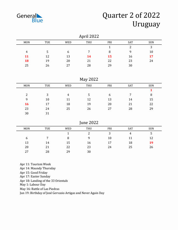 Quarter 2 2022 Uruguay Quarterly Calendar