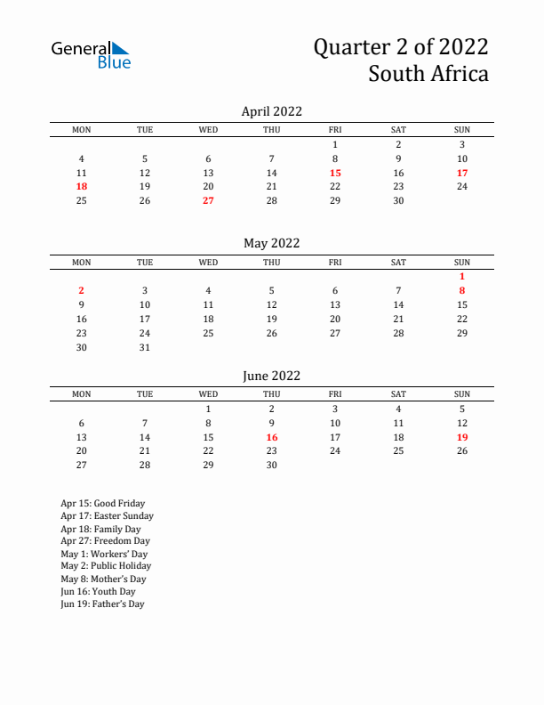 Quarter 2 2022 South Africa Quarterly Calendar